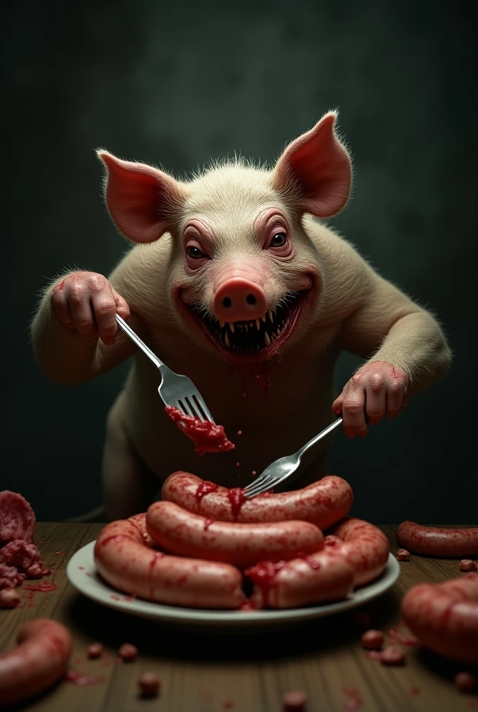 Pink rubber pig with guts and stabbed with a knife. Vomit flows from her mouth.
Lying in the swamp. crying, Next is a sandwich with lard