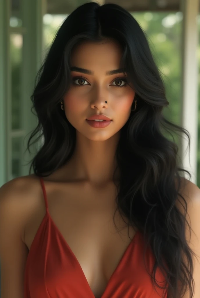 A 24 year beautiful Indian woman, whose skin tone is white, fairly skinned, hour glassed shaped body, natural large chest, with black coloured hair, layered cutted hair, oval shaped face, almond eyes, upper eyelids, button nose, Heart shaped lips, she is perfectly fit, normal dress, intertribal ear shape,