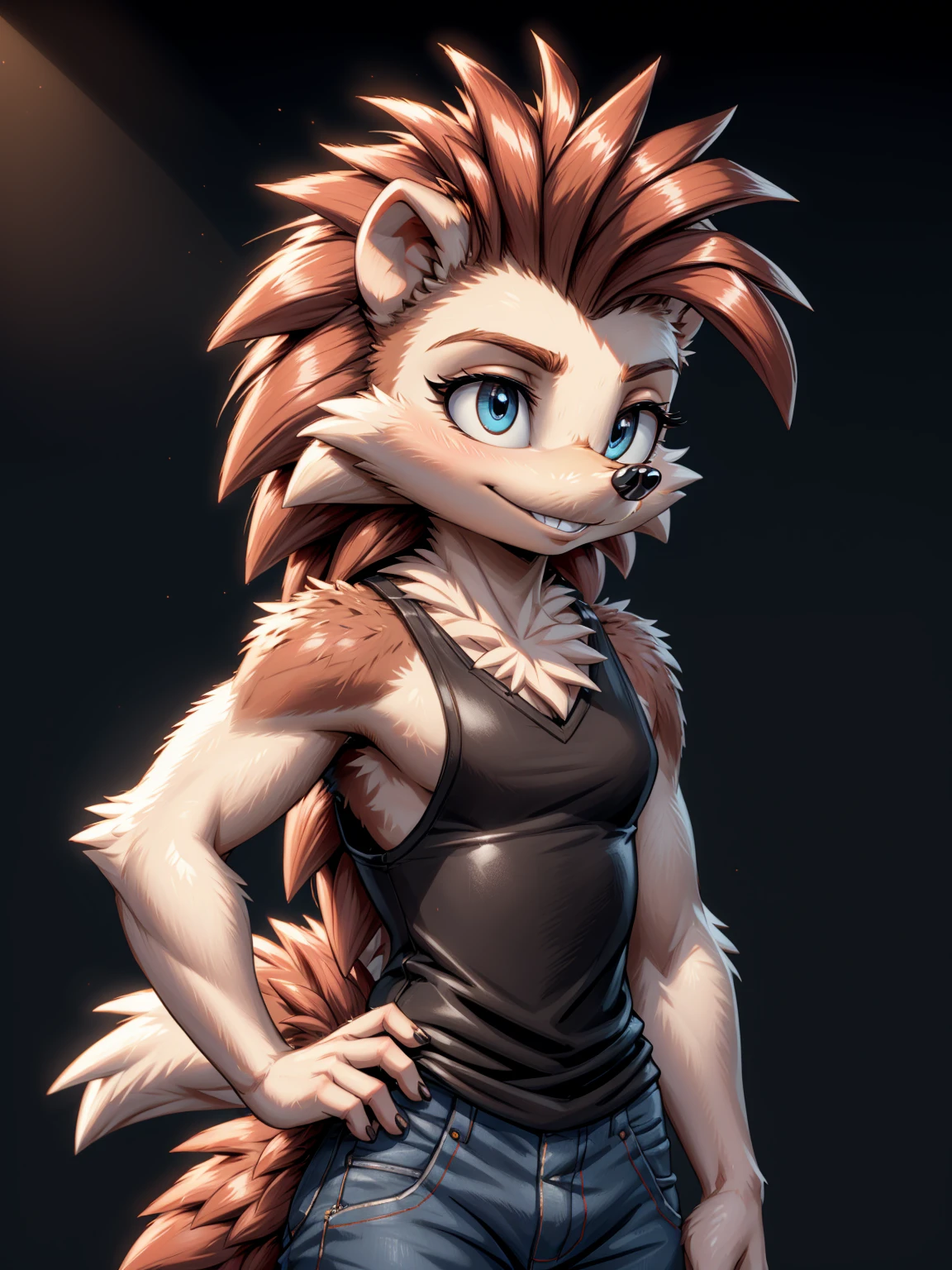 Best quality, Super detailed illustration, cartoon illustration, ultra high 4k quality, ((masterpiece, best quality)) by zackary911,zackary911, fluff-kevlar, by fluff-kevlar, anthro hedgehog, large hedgehog ears, hedgehog nose, buckteeth, white fur, male, solo, one character, furry character, furry male. blue eyes, big ears, blue shirt, blue jeans, white fur. fluffy fur, big hedgehog tail, serious face, only one tail, dark background, no hair, beautiful smug smile