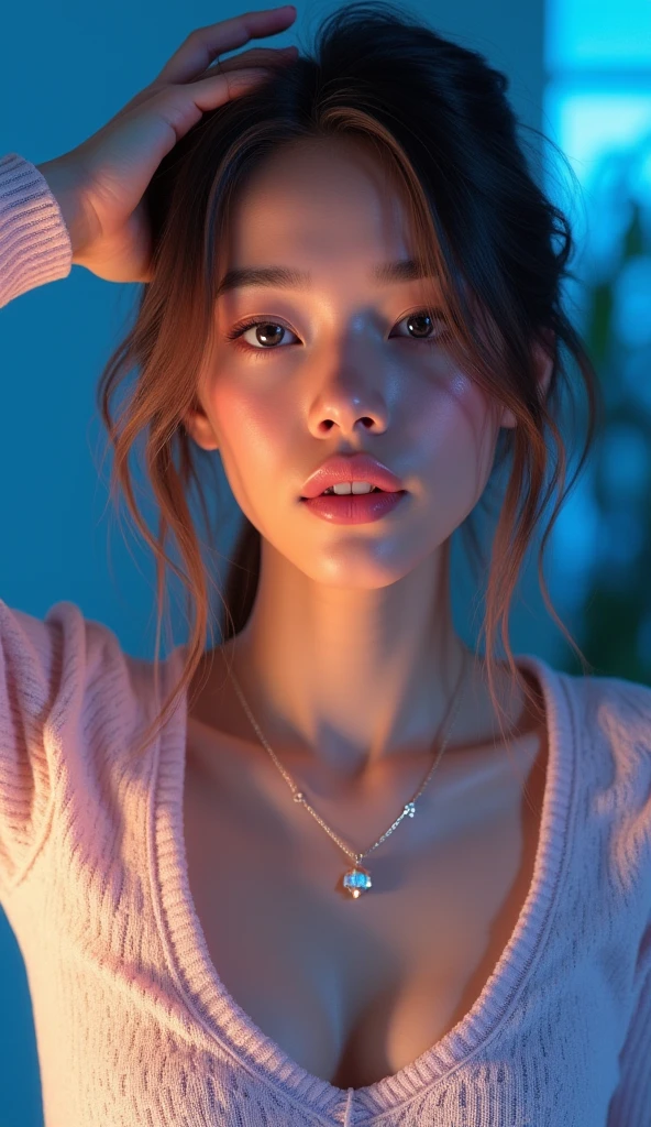 A masterpiece of digital art, rendered in stunning 4K resolution, features a breathtakingly beautiful girl posing serenely. Her face glows with a subtle sheen, her eyes sparkling like polished gemstones. She wears a fitted sweater that hugs her curves, the intricate folds and texture meticulously detailed. A delicate necklace adorns her neck, its facets catching the dramatic lighting, which casts a warm glow on her porcelain skin. The background is a soft, gradient blue, subtly blending into the edges of the frame. Every aspect of this artwork exudes ultra-detailed realism, with vibrant colors that seem to leap off the screen.