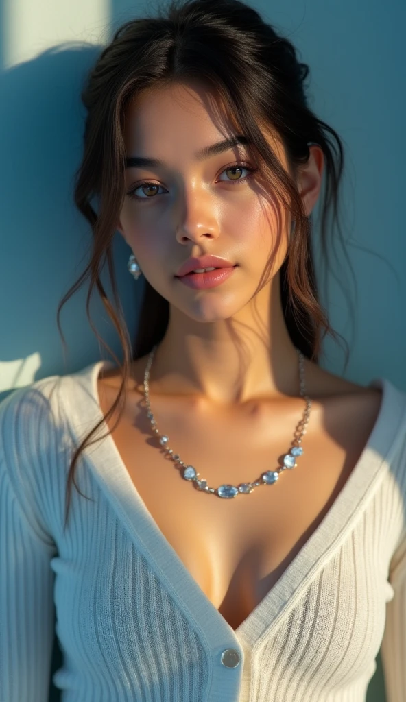 A masterpiece of digital art, rendered in stunning 4K resolution, features a breathtakingly beautiful girl posing serenely. Her face glows with a subtle sheen, her eyes sparkling like polished gemstones. She wears a fitted sweater that hugs her curves, the intricate folds and texture meticulously detailed. A delicate necklace adorns her neck, its facets catching the dramatic lighting, which casts a warm glow on her porcelain skin. The background is a soft, gradient blue, subtly blending into the edges of the frame. Every aspect of this artwork exudes ultra-detailed realism, with vibrant colors that seem to leap off the screen.