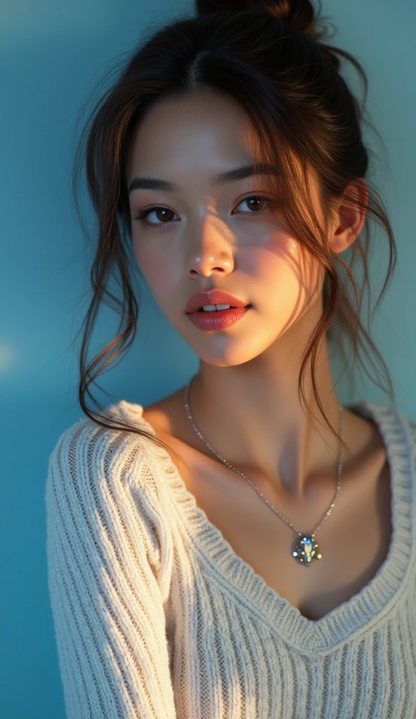 A masterpiece of digital art, rendered in stunning 4K resolution, features a breathtakingly beautiful girl posing serenely. Her face glows with a subtle sheen, her eyes sparkling like polished gemstones. She wears a fitted sweater that hugs her curves, the intricate folds and texture meticulously detailed. A delicate necklace adorns her neck, its facets catching the dramatic lighting, which casts a warm glow on her porcelain skin. The background is a soft, gradient blue, subtly blending into the edges of the frame. Every aspect of this artwork exudes ultra-detailed realism, with vibrant colors that seem to leap off the screen.