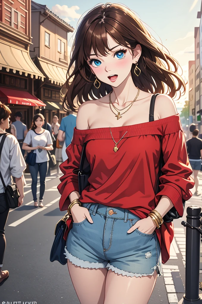 ( best quality),((masterpiece)),( high resolution),illustration,original,  is very detailed ,1 Girl, alone, brown hair ,Bag,Jewelry, shorts, white background for the head only,Blue Eyes, and look at the audience,earrings, Bare Shoulders,  Simple Background,shirt,clavicle,Long hair,Off-shoulder,off-shoulder shirt,bracelet,Hands in pockets,Bangs,handBag,red shirt,Cowboy shooting,sign,blush,brown  shorts,Open your mouth,shoulder Bag, username,necklace,Exaggerated perspective, ultra wide angle lens , blurred foreground hand 