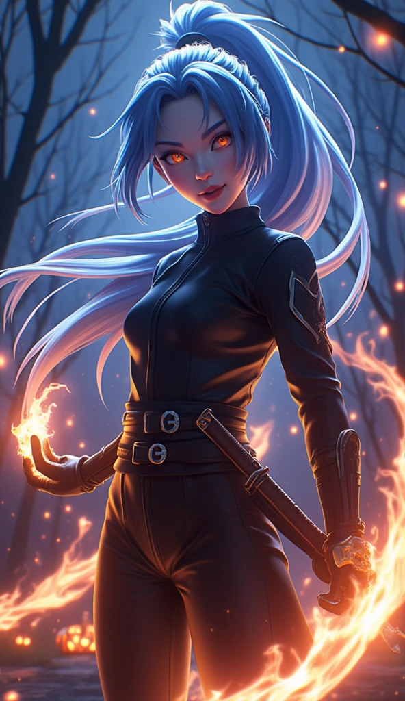  dynamic movement, 3D ANIME CHARACTER PORTRAIT OF RIMURU CENTER-ANGLE IN NINJA STYLE, With an infinity backdrop in the style of Halloween , ghost, tree, Desolate, pumpkin. sword, ฝักsword, Rimuru wears a sleek black jacket with zip and long hair. , Blue-gray hair. , she is in a lively posture , Hand drawing , vortexing,  With her unique Tamil black flame power, create a Tamil flame around her.. The background is a combination of lightning and Tamil flames. , With Tamil black and blue , , reflecting her magical magical powers. . , the overall atmosphere of the picture is mysterious and powerful 