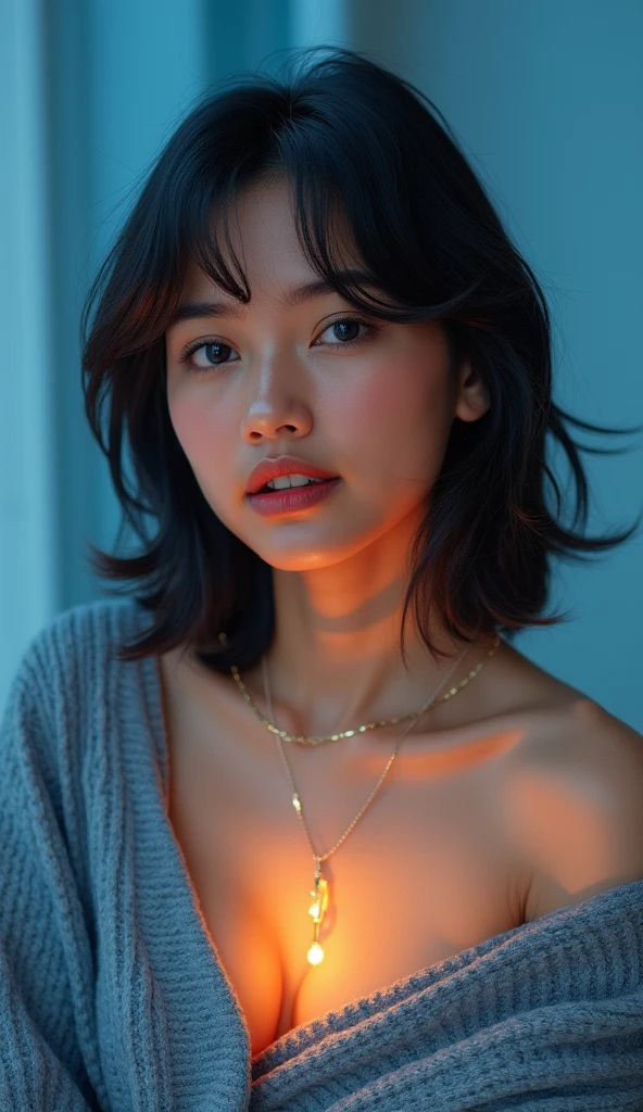 A masterpiece of digital art, rendered in stunning 4K resolution, features a breathtakingly beautiful girl posing serenely. Her face glows with a subtle sheen, her eyes sparkling like polished gemstones. She wears a fitted sweater that hugs her curves, the intricate folds and texture meticulously detailed. A delicate necklace adorns her neck, its facets catching the dramatic lighting, which casts a warm glow on her porcelain skin. The background is a soft, gradient blue, subtly blending into the edges of the frame. Every aspect of this artwork exudes ultra-detailed realism, with vibrant colors that seem to leap off the screen.