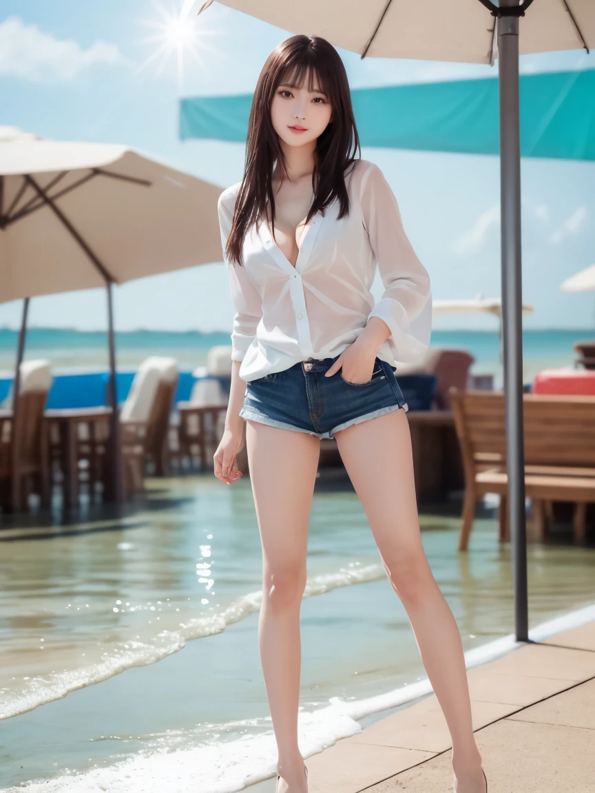 (Slender women : 1.7), (Thin legs : 2.2), White Shirt、(Shorts : 1.1), ( Sexy Poses : 2.0), Complex and beautiful eyes、woman、Womanly black hair、(Delicate and realistic hair、1 bottle１Realistic hair)、bangs、Natural Color Lip、smile、(Seaside : 2.0)、indoor、((18歳woman:1.2))、Young and adorable Japanese face, Official Art，Highly detailed CG Unity 8k wallpaper，（masterpiece:1.0),(Best Quality:1.0), 超High resolution,4K,Very detailed, photo shoot, 8k, nffsw, High resolution, Kodak Portrait 400, Film Grain, Lens flare glow,高いest quality,8k,nffsw:1.2),Portrait Shot,8k、Show Viewer, (((Front View))), (((Front View))), ((Facing))、Body facing forward、Bold cleavage、Firm breasts、Small face, ((Bare legs))、Highest quality、Super beautiful images、stand up