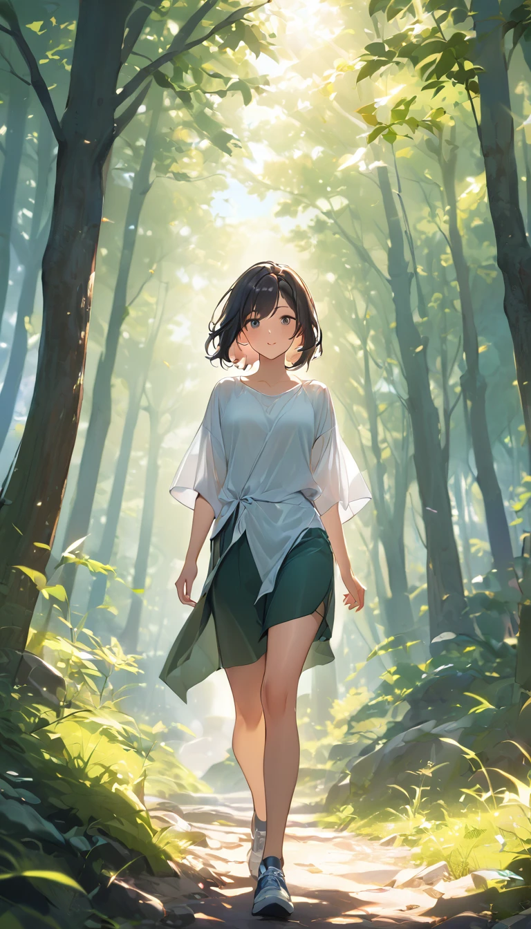 (masterpiece), One Girl, medium hair, Black Hair, A woman walking confidently on a mountain trail, the sunlight filtering through the trees