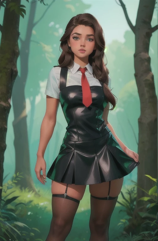 Cute young beautiful schoolgirl pioneer, beautiful cute teen face, curvy figure, black leather skater pinafore dress , transparent white blouse , red tie, brunette long hair, beautiful eyes. stockings, Sneackers, pioneer schoolgirl - standing in the forest , photorealistic , sad face, curvy figure, curvy lips, Белые чулки, ультравысокое разрешение, 32К, (Perfect Anatomy:1.5), идеальные ноги