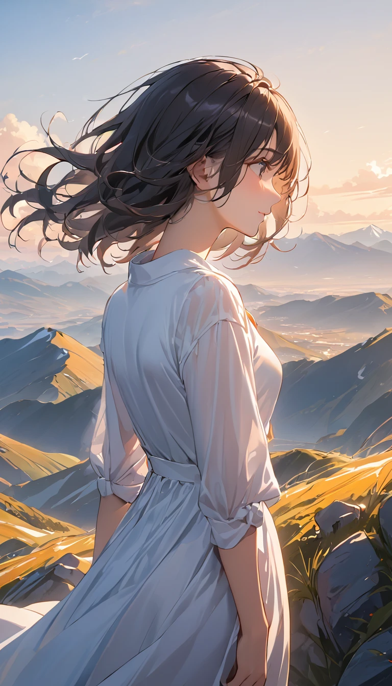 (masterpiece), One Girl, medium hair, Black Hair, A woman standing at a mountain peak, gazing out at the vast landscape, the wind gently blowing her hair