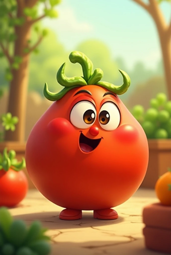 A huge and important tomato vegetable walks around the garden and smiles broadly, on a stone path with steps, a lot of details, Disney Pixar Style, Realism, Cinematography, Ray Tracing, in the style of realistic lighting with chiaroscuro, Detailed facial features, a closeup of a, Fantasy background, Light haze.