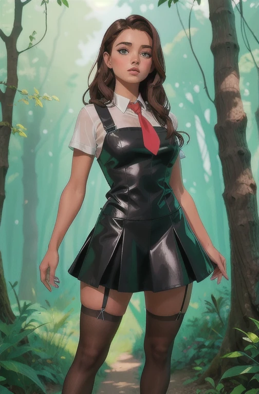 Cute young beautiful schoolgirl pioneer, beautiful cute teen face, curvy figure, black leather skater pinafore dress , transparent white blouse , red tie, brunette long hair, beautiful eyes. stockings, Sneackers, pioneer schoolgirl - standing in the forest , photorealistic , sad face, curvy figure, curvy lips, Белые чулки, ультравысокое разрешение, 32К, (Perfect Anatomy:1.5), идеальные ноги, фигура в полный рост