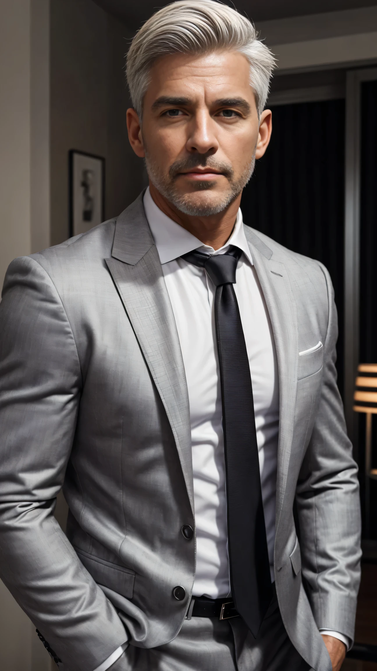 Expressive National Geographic magazine portrait shooting, real photos, a handsome Latino man, muscles! Chest hair! White and gray short hair!, surreal, super detailed,! Extremely clear! 8k! The core of chest hair. ,More Detail,Mature man, Germany! Advertisements with a sense of design ,Germany Male ！,wearing suit and tie, wearing a shirt with a tie, wearing a business suit, wearing business suit, wearing black grey suit,Portrait side view!,handsome male （white hair：1.5）