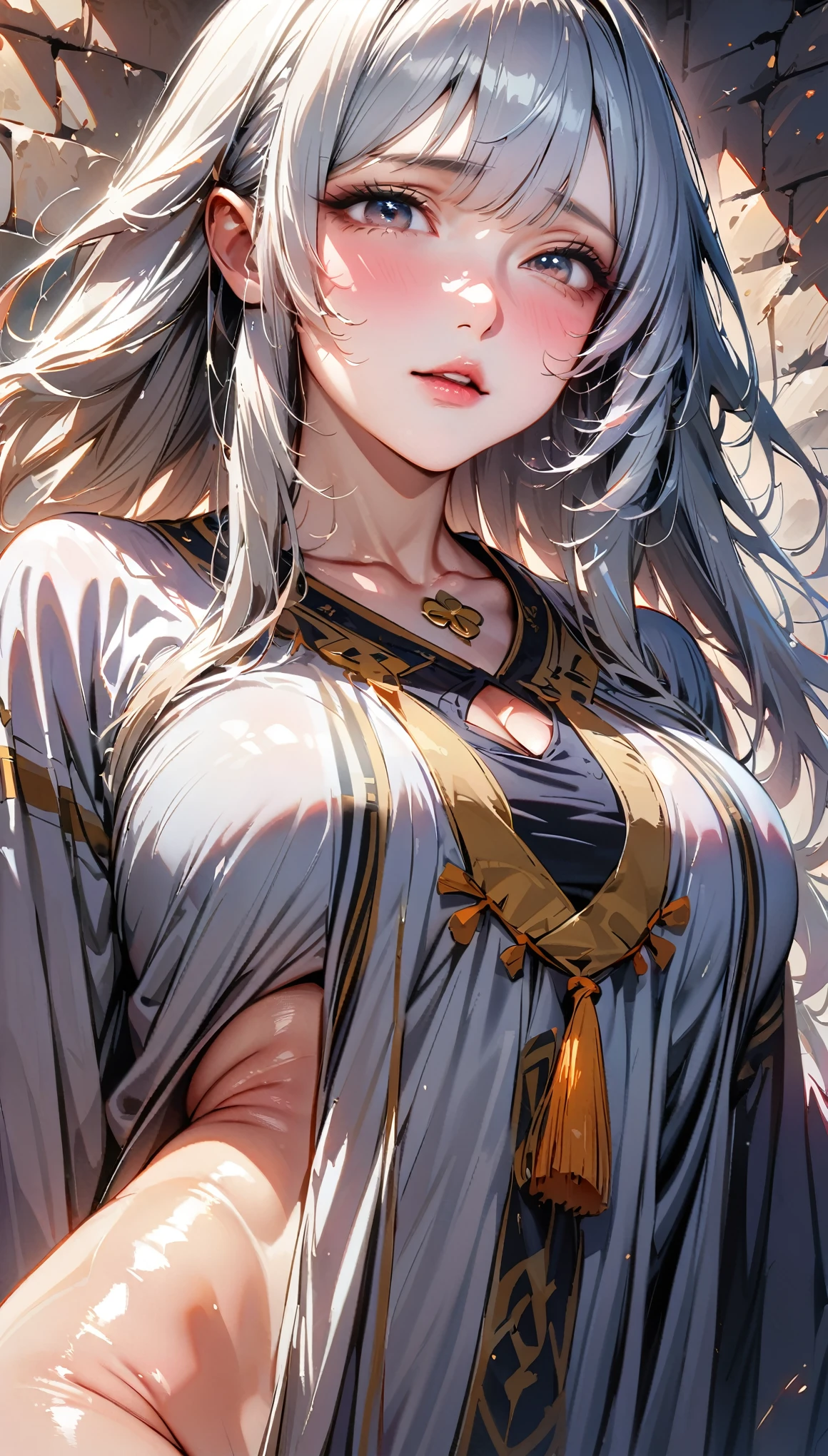 UHD, masterpiece, anatomically correct, textured skin, high details, best quality, highres, 1080P, 16k,SOLO, 1 female,Perfect body,huge oppai,(gray eyes),(gray long hair,floating hair),(Wear a golden hairpin),(Wearing a gray Taoist caftan with stone pattern:1.9),(open pose),(Dust and stone Background),(shiny skin:1.7),(face focus:1.7),(Close-up)