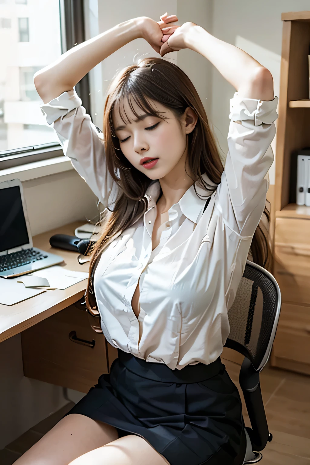 masterpiece, Highest quality、1 office girl, 23yo, sitting on office chair, Arm up, cammy stretch  \(meme\), white button up blouse, black skirt, , (big breasts:1.2), closed eyes, in office, desk, side view,