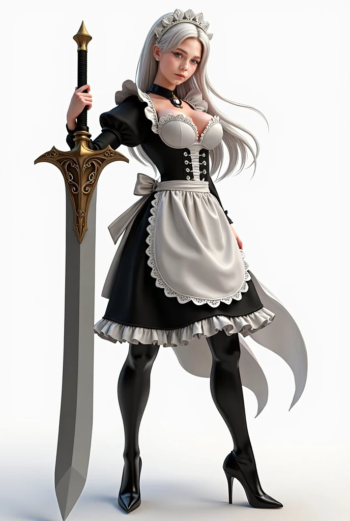 female, standing, right, long_hair, disordered_hair, white_hair, maid in armor, metallic high heels, drow elf, grey skin, sex slave, black leather choker collar, bracers  