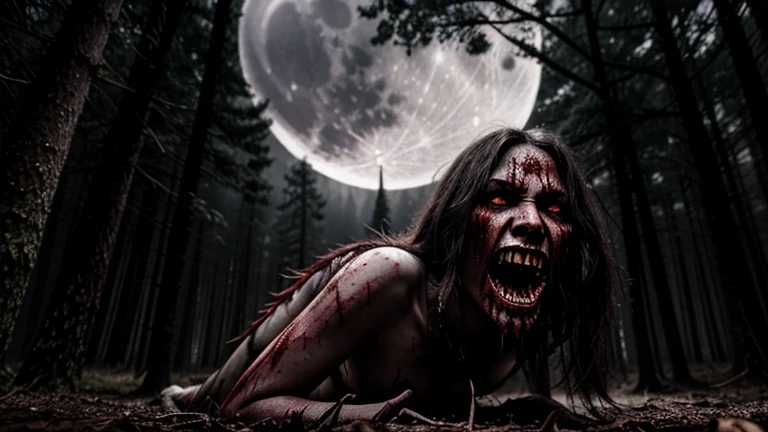 cinematic photo [parameters:  professional, 4k, highly detailed]
[location: outside cabin in woods ]
[action: Anthropomorphic (woman:0.4:wolf:0.3) with demon_features]
[scene details 1: horror style bones and blood]
[scene details :  claws, fangs, organs]
[scene details 2: full moon, midnight] . . 35mm photograph, film, bokeh, professional, 4k, highly detailed