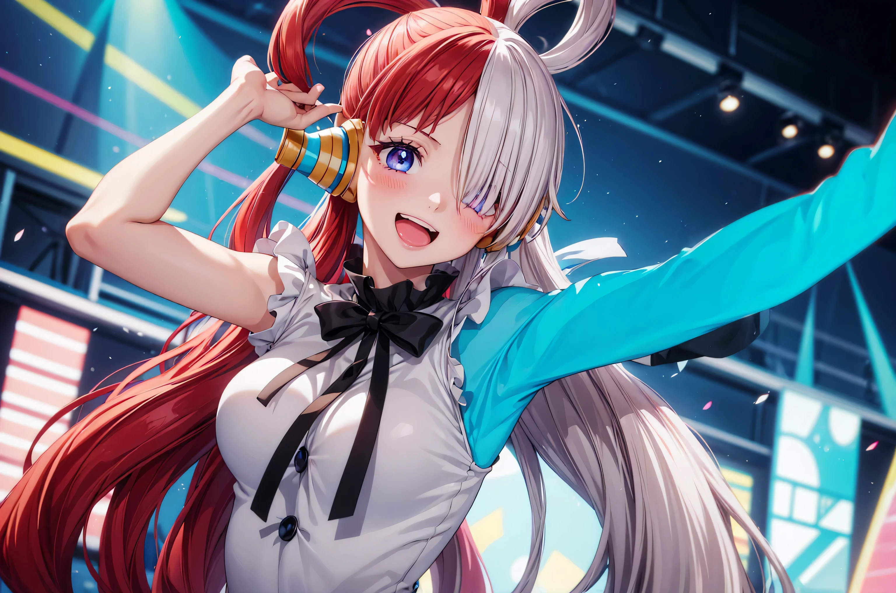 Masterpiece, Best Quality, 8k, Ultra-high resolution, Best Quality, Anime Style, Best Lighting, Beautiful face, The best finger, The best hand, Optimal Eye, Beautiful Makeup, (Captivating eyes:1.3) masterpiece、Best Quality、High Resolution、1 girl、1 girl、The best smile、Having fun、Laughing with your mouth open、(Wink:1.2)、(sing:1.3)、Hold the microphone、on stage、(Live Performance Venues:1.3)、blush、Split color hair、Hair over one eye、Red and white hair、Multicolored Hair、Long Hair、Hair Ring、Gray Hair、bangs、Medium Bust、upper body