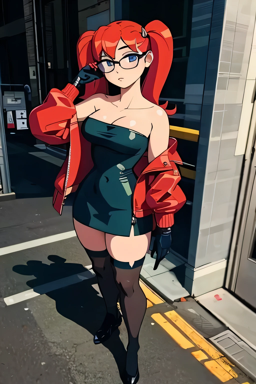 ((masterpiece, best quality)), (8k, best quality), (((best quality))), 1girl, solo, anime style, highly detailed and realistic, good anatomy, photorealistic rendering, a young woman with red pigtails and blue eyes, wearing an unbuttoned red jacket over a black dress, black gloves, and black thigh-high socks. Sunglasses rest on her head. Subtle movement in her hair and jacket, as if a gentle breeze passes by. She stands confidently on a concrete surface with soft shadows, creating a realistic urban setting. The background is simple and indoors with neutral colors. Emphasis on her stylish and modern look, capturing her confident posture, natural proportions, and intricate attire and accessories. Ultra high resolution, perfect anatomy, contemporary style, award-winning illustration, dramatic lighting, hyper-detailed clothing folds, vibrant colors, subtle shadows, score_9, score_8_up, score_7_up, score_6_up, score_5_up, score_4_up, (anime_source), A highly detailed and realistic 3D model of a young woman standing confidently in front of an orange wall. She has red hair styled in pigtails and blue eyes. She is wearing an unbuttoned red jacket over a black dress, black gloves, and black thigh-high socks. She has a pair of sunglasses resting on her head. The model should include subtle movement in her hair and the fabric of her jacket, as if a gentle breeze were passing by. The scene is set on a concrete surface with shadows cast on the ground, providing a realistic urban setting. The background should be simple and indoors with neutral colors. The model should be photorealistic and highly detailed, showing the character's stylish and modern look. Make sure the model captures her confident posture and natural proportions, with special attention to detailed attire and accessories, breasts supported by clothing, cleavage, collarbone, medium huge breasts, strapless, 