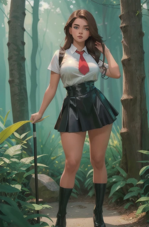 Cute young  beautiful schoolgirl pioneer, beautiful cute teen face, curvy figure, black leather skater pinafore dress , transparent white blouse , red tie, brunette long hair, beautiful eyes. Капроновые колготки, Sneackers, pioneer schoolgirl - standing in the forest , photorealistic , sad face, curvy figure, curvy lips, капроновые колготки, ультравысокое разрешение, 32К, (Perfect Anatomy:1.5), идеальные ноги, фигура в полный рост