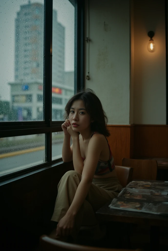 Professional Photography, Wong Kar-wai movie lighting style, Attractive sad oriental beautiful woman wearing vintage top and retro khaki pants, She has messy long straight hair, She is looking down, Sitting in the corner of the restaurant leaning back, There are raindrops on the windows, Set in 1980s Hong Kong , Bokeh， high resolution, Realism, RAW photo, 