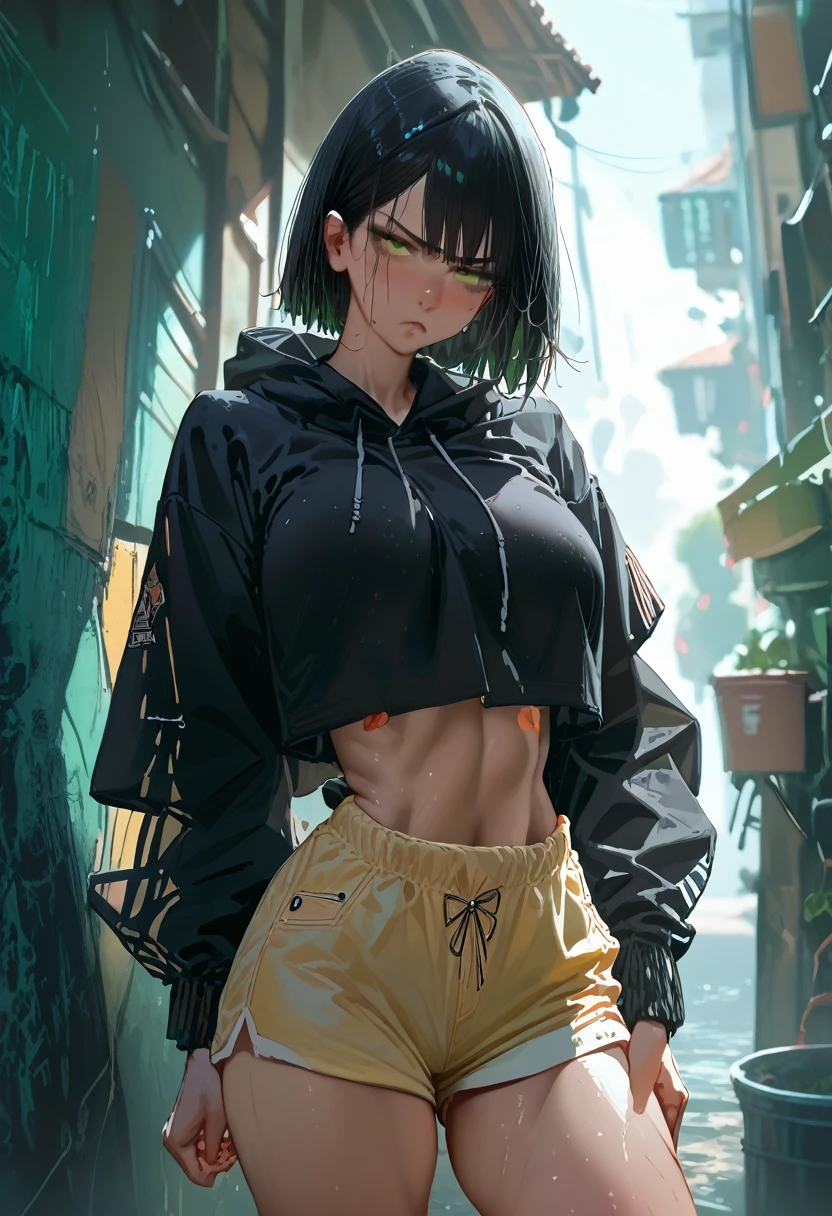 Black Hair， short hair， a toned body ，Tall，Yellow-green eyes， shorts，Thighs， Black Hoodie ，Glare，Dark Back Alley