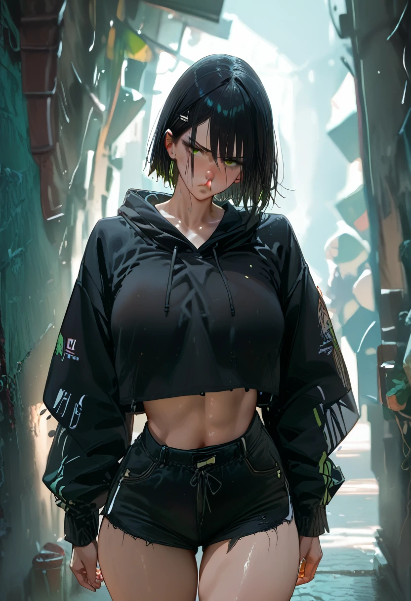 Black Hair， short hair， a toned body ，Tall，Yellow-green eyes， shorts，Thighs， Black Hoodie ，Glare，Dark Back Alley