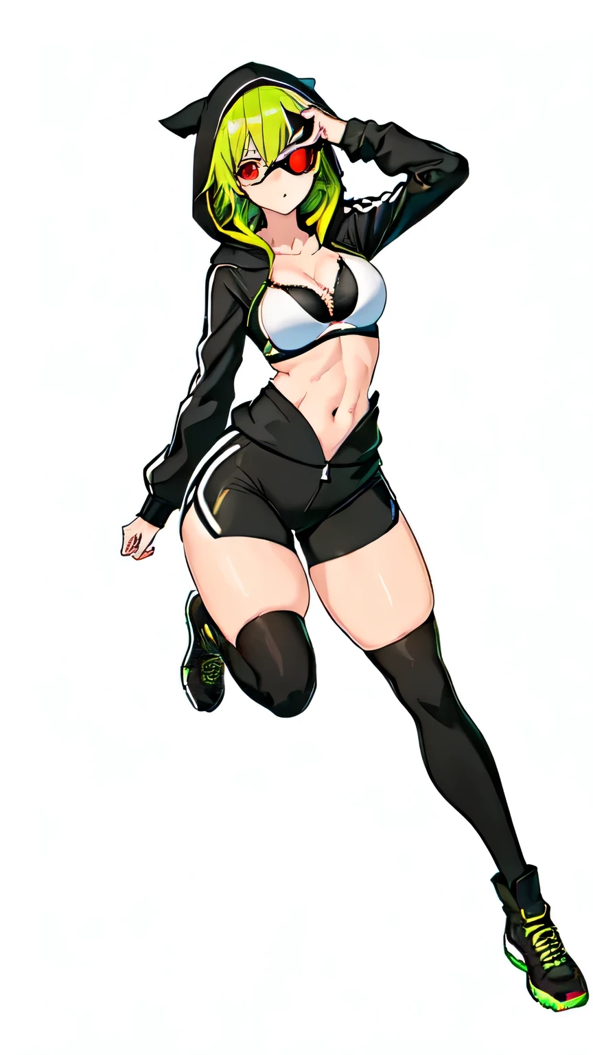 1girl, solo, rina shinomyia、 thight biker shorts, half-open jacket, black hoodie, hood up, ((googles on neck)), vivid colors, highthigh, high knee boots, long sleeves, , big red eyes, short green hair, small breasts, ((two-toned bra)) ((black and white bra)), ((covered midrift)). sweatshirt zipped below, gradient highlight, digidestined. thick thighs, thigh gap, plump thighs, shinny thighs, muscular thighs, beautiful thighs, sweaty thighs, sweatdrop thighs, oiled thighs, ((large hips)), ((narrow waist)), thick calves, long legs, sexy beautiful woman, full body shot, ((full body)), toned body, ((muscular female)), slim body, athletic body, skindenting fitness, long legs, shredded abs, fitness, small breasts. Looking at viewer. 