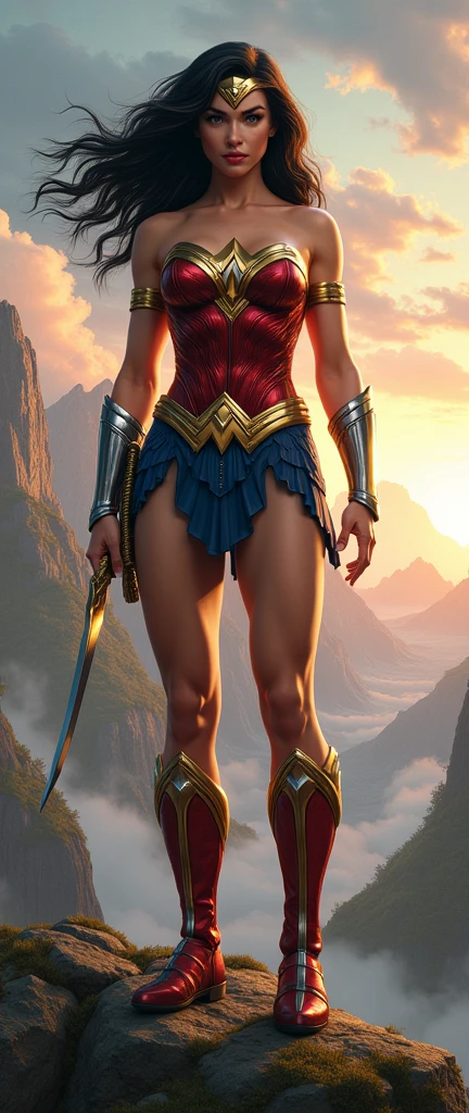 (Imagen 8k )wonder woman, with white and gold clothes, detailed face, detailed body,