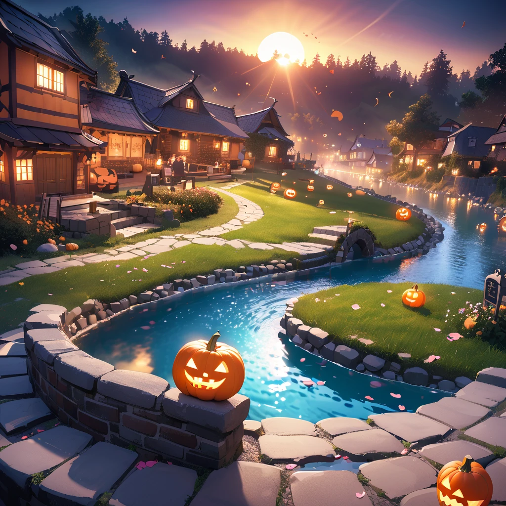 Miniature,  Digital Art ,   Cinematic Composition ,  Under a Peaceful Little Village , greenに囲まれた小さな家, sun rays, Little Cobblestones ,  Petals Flowing in a Small River , Small stone bridge, green,night,Halloween,Pumpkin lantern