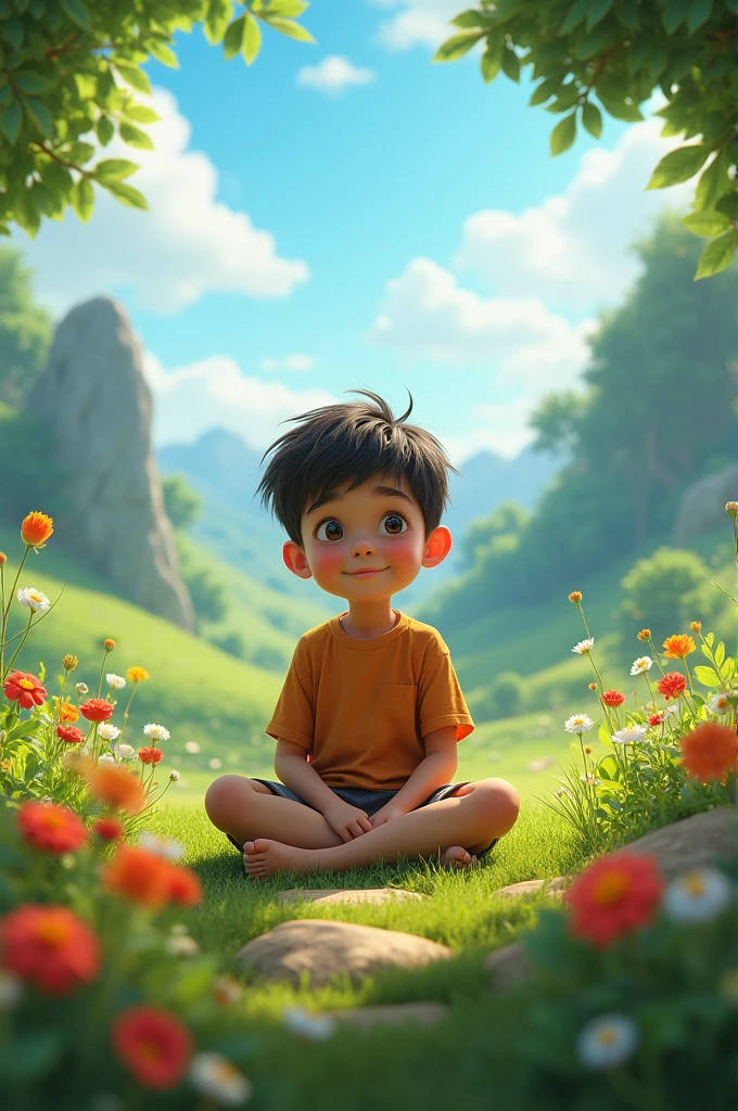 Young boy sitting beautiful scenery highly detailed vibrant colours