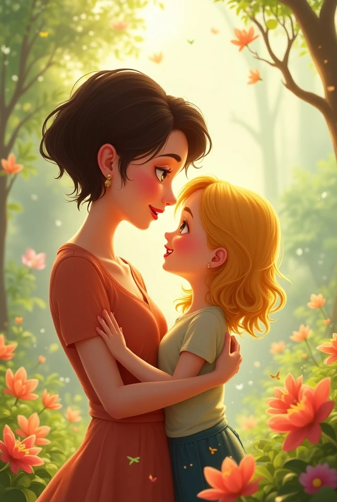 (mature woman, sexy pose, short feminine son, cute couple), (oil painting, highres), (vibrant colors, soft lighting), (beautiful detailed eyes, beautiful detailed lips), (tightly embraced, affectionate), (lovely background, flowers, sunshine), (wholesome, heartwarming scene), (limited edition print), (motherly love, parental bond).