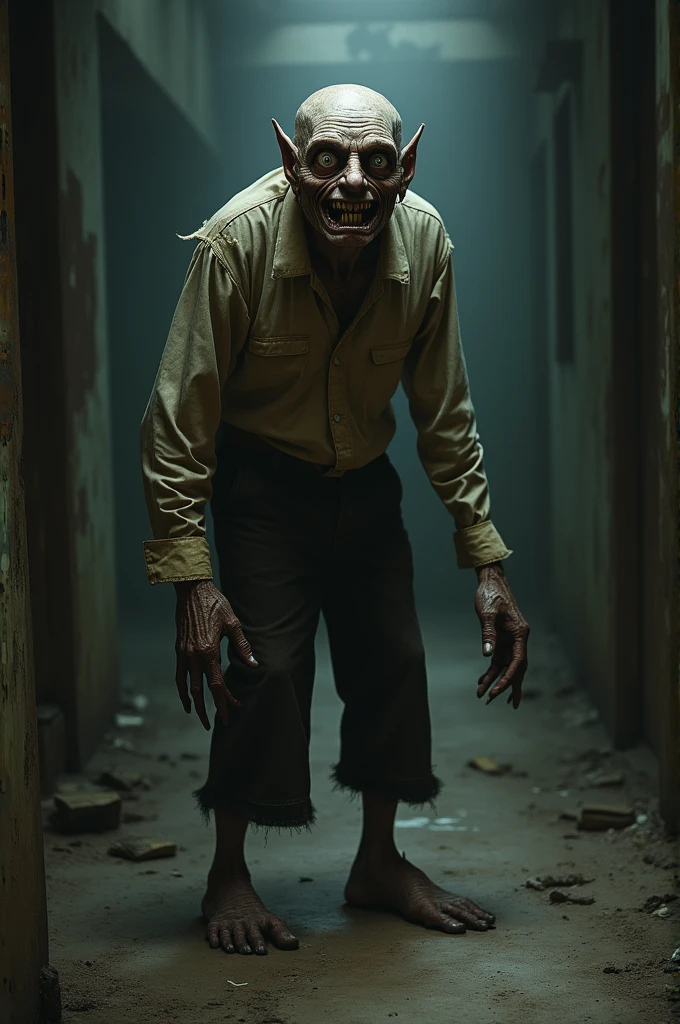 Abandoned village, room with zombie smiling at you as he walks towards you