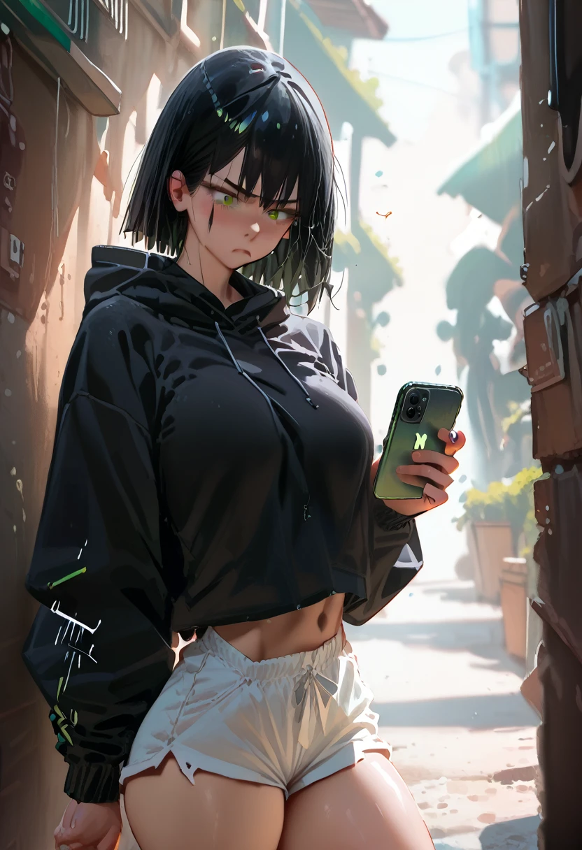 Black Hair， short hair， a toned body ，Tall，Yellow-green eyes， shorts，Thighs， Black Hoodie ，Glare，Dark Back Alley， phone that opens your eyes，Surprised，Look at a 