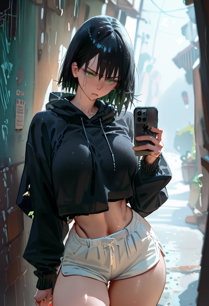 Black Hair， short hair， a toned body ，Tall，Yellow-green eyes， shorts，Thighs， Black Hoodie ，Glare，Dark Back Alley， phone that opens your eyes，Surprised，Look at a 