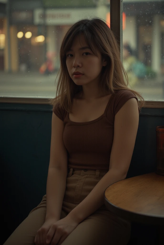 Professional Photography, Wong Kar-wai movie lighting style, Attractive sad oriental beautiful woman wearing vintage top and retro khaki pants, She has messy long straight hair,  Sit in the corner of the restaurant，There are raindrops on the windows, Set in 1980s Hong Kong , Bokeh，close up， high resolution, Realism, RAW photo, 