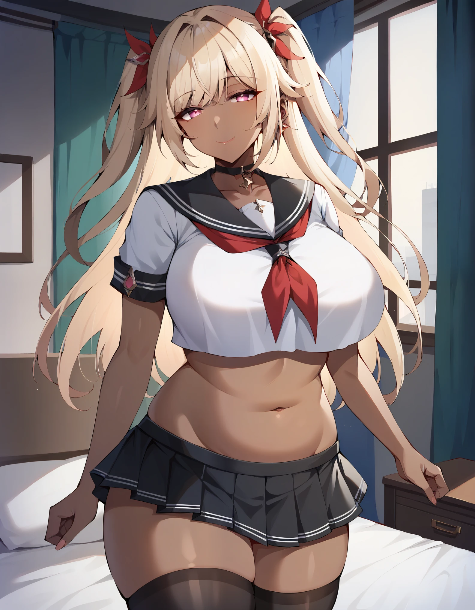 score_9, score_8_up, score_7_up, 1girl, milf, solo, (dark skin, black skin:1.8), (plump), sparkle \(honkai: star rail\), (large breasts:1.9), (((blonde hair), long hair, bangs, long sidelocks, two side up, pink eyes, half-closed eyes)), blue lips, ((choker, seifuku, black sailor collar, crop top, navel, mini skirt, thighhighs)), ((light smile), closed mouth), ((bedroom)) 