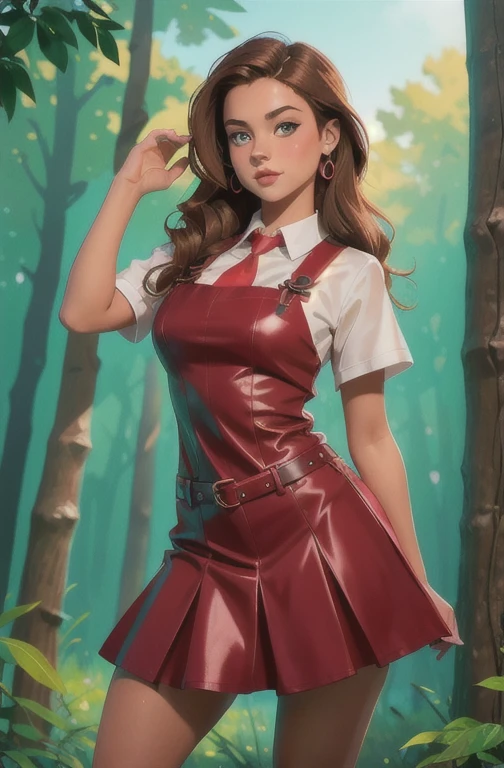 Cute teen  beautiful schoolgirl pioneer, beautiful cute teen face, curvy figure, red leather skater pinafore dress , transparent white blouse , red tie, brunette long hair, beautiful eyes. Нейлоновые колготки, Sneackers, pioneer schoolgirl - standing in the forest , photorealistic , sad face, curvy figure, curvy lips, нейлоновые колготки, ультравысокое разрешение, 32К, (Perfect Anatomy:1.5), идеальные ноги, фигура в полный рост