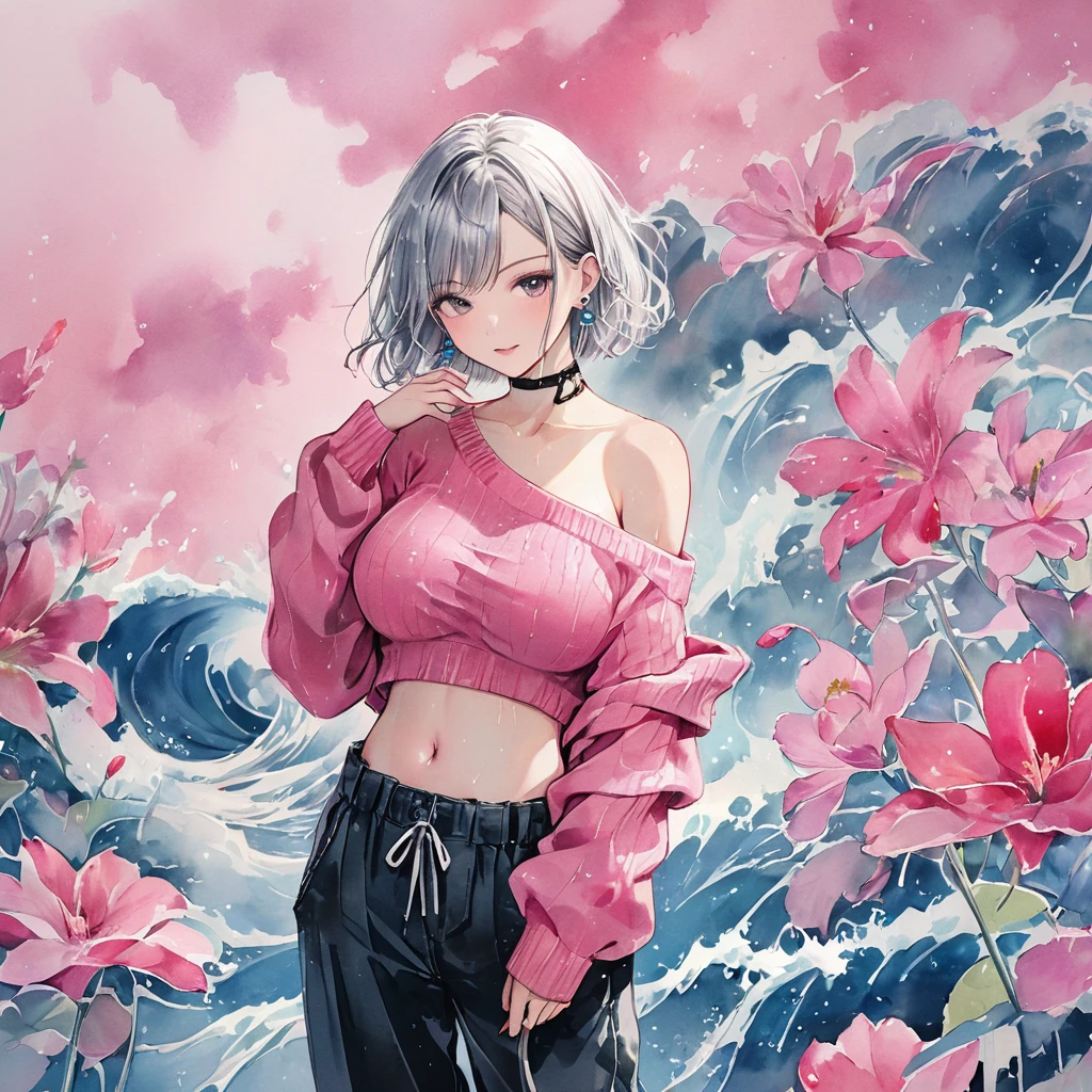 full body shot, from above, a beautiful girl,(Shiny silver hair), (wave bob cut:1.2),(Large Breasts, athlete, long eyelashes), 
BREAK (pink theme:1.4), (vivid colors:1.3), (pink sweater:1.4), (long-sleeve:1.3), ((off shoulder, navel, stomach):1.3),
BREAK (black theme:1.3), ((black oversized pants, black baggy pants):1.3), (black choker:1.2), (earrings:1.2), (lace-up boots:1.1),),
(gentle smile),(soft smile),Light blush, close one eye,
(graceful flower garden), 
(hyper-realistic dewy skin,ultra detailed),(detailed silver-eyes,),High resolution.8K.an extremely delicate and beautiful, The overall effect is ethereal and intimate, capturing intricate details of her face,a happy gaze, ink style