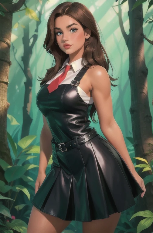 Cute young  beautiful schoolgirl, beautiful cute teen face, curvy figure, black leather skater pinafore dress , transparent white blouse , red tie, brunette long hair, beautiful eyes. Капроновые колготки, Sneackers,  schoolgirl - standing in the forest , photorealistic , sad face, curvy figure, curvy lips, капроновые колготки, ультравысокое разрешение, 32К, (Perfect Anatomy:1.5), идеальные ног, full figure