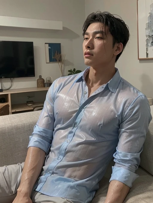 young man, korean man, selfie, low angle, big muscular, wet sheer sky blue collared shirt, long sleeves, very sweaty, half shot, neutral grey livingroom with hanging arts, sit on couch.