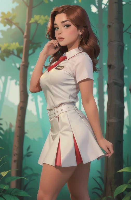 Cute teen  beautiful schoolgirl pioneer, beautiful cute teen face, curvy figure, red leather skater pinafore dress , transparent white blouse , red tie, brunette long hair, beautiful eyes. Нейлоновые колготки, Sneackers, pioneer schoolgirl - standing in the forest , photorealistic , sad face, curvy figure, curvy lips, нейлоновые колготки, ультравысокое разрешение, 32К, фигура в полный рост