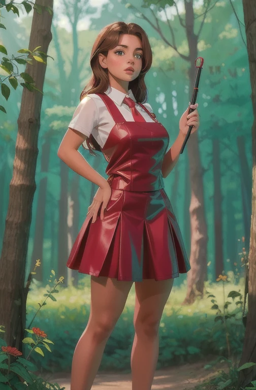 Cute teen  beautiful schoolgirl pioneer, beautiful cute teen face, curvy figure, red leather skater pinafore dress , transparent white blouse , red tie, brunette long hair, beautiful eyes. Нейлоновые колготки, Sneackers, pioneer schoolgirl - standing in the forest , photorealistic , sad face, curvy figure, curvy lips, нейлоновые колготки, ультравысокое разрешение, 32К, фигура в полный рост