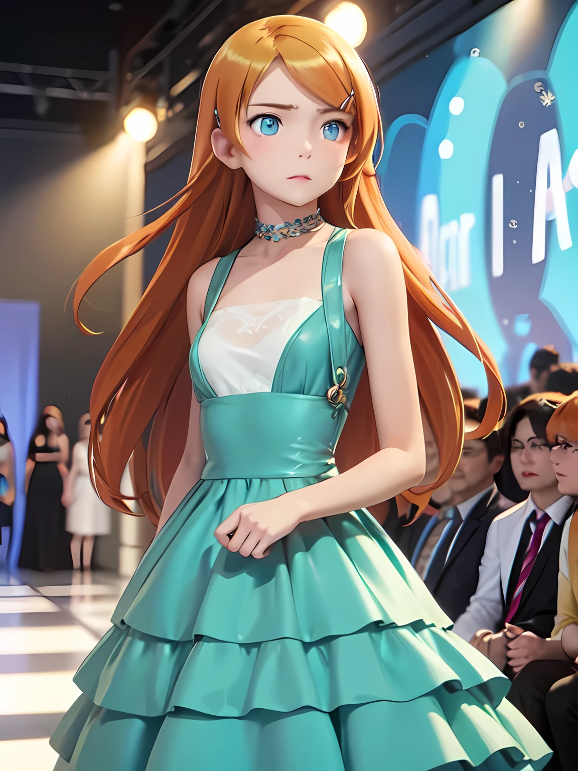  RUNWAY FASHION SHOW , Long Hair, blue eyes, Hair Clip,  Orange Hair , Aqua Eye, Chic,  HIGH END FASHION , Slim female model, LONG RUNWAY , The lighting is bright, Gorgeous dress, Shining Background,  CAMERA FLASHES FLASHING ,  MODERN FASHION SHOW ATMOSPHERE,  DESIGNER DRESS 