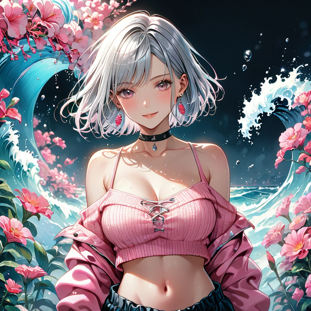 a beautiful girl,(Shiny silver hair), (wave bob cut:1.2),(Large Breasts, athlete, long eyelashes), BREAK (pink theme:1.4), (vivid colors:1.3), (pink sweater:1.4), (long-sleeve:1.3), ((off shoulder, navel, stomach):1.3),
BREAK (black theme:1.3), ((black oversized pants, black baggy pants):1.3), (black choker:1.2), (earrings:1.2), (lace-up boots:1.1),),, (gentle smile),(soft smile),Light blush, gentle gaze, (graceful flower garden), (hyper-realistic dewy skin, ultra detailed), (detailed silver eyes), High resolution.8K.an extremely delicate and beautiful, the overall effect is ethereal and intimate, capturing intricate details of her face, a happy gaze, ink style