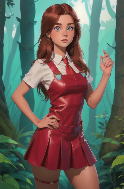 Cute teen  , beautiful schoolgirl pioneer, beautiful cute teen face, red leather skater pinafore dress , transparent white blouse with short sleeves , red tie, brunette long hair, beautiful eyes. stockings, Sneakers,  schoolgirl - standing in the forest , photorealistic , sad face, curvy figure, Белые чулки, ультравысокое разрешение, 32К, (Perfect Anatomy:1.5), идеальные ноги