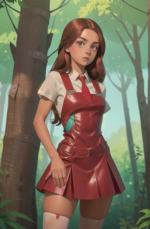 Cute teen  , beautiful schoolgirl pioneer, beautiful cute teen face, red leather skater pinafore dress , transparent white blouse with short sleeves , red tie, brunette long hair, beautiful eyes. stockings, Sneakers,  schoolgirl - standing in the forest , photorealistic , sad face, curvy figure, Белые чулки, ультравысокое разрешение, 32К, (Perfect Anatomy:1.5), идеальные ноги