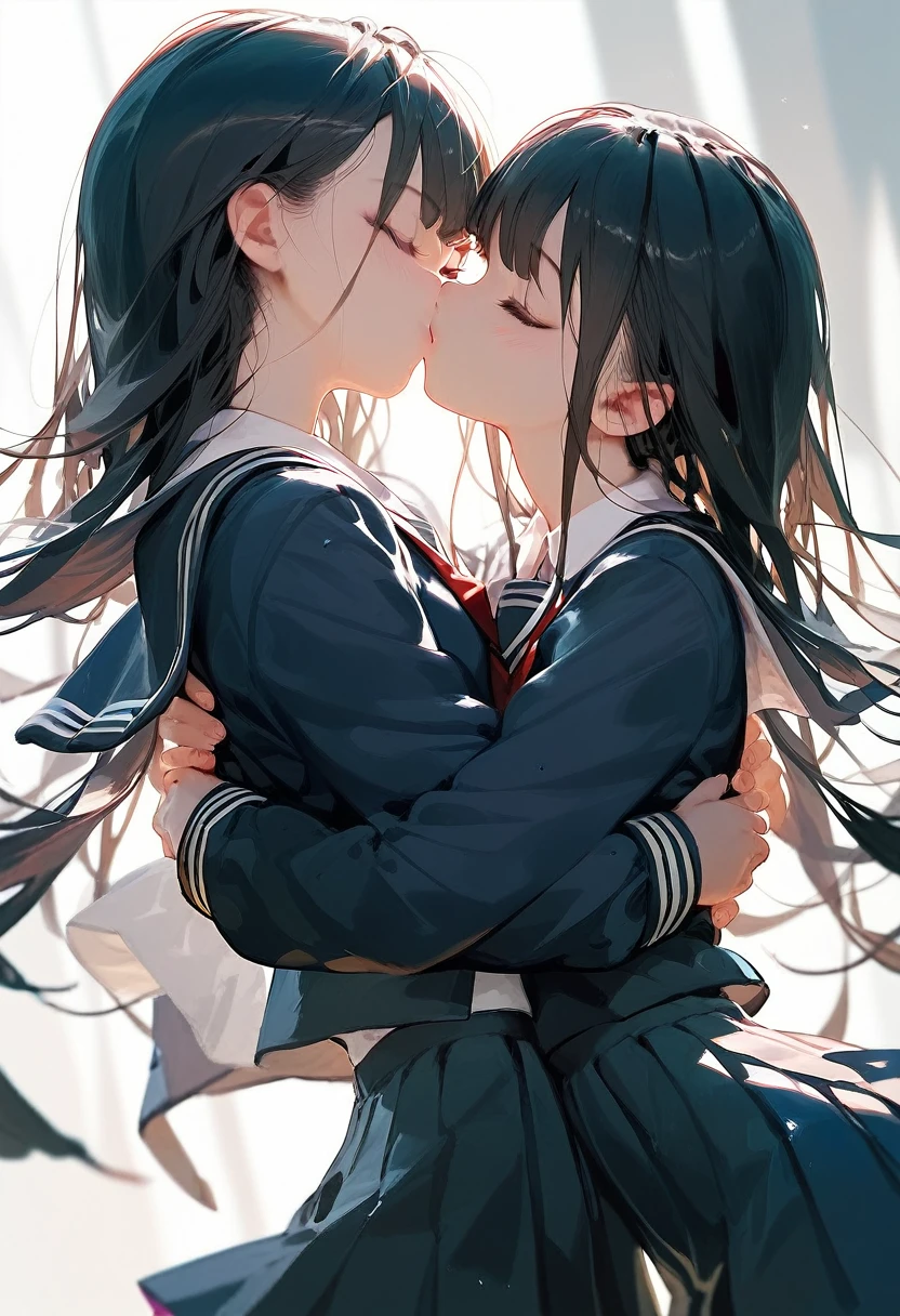 Score_9,Score_8_up,Score_7_up,highest quality,detailed,2 beautiful 18yo girls,JK,slim,(black_long_hair,straight_bangs),(wearing school uniform:1.2),(perfect anatomy),(hugging,kissing)