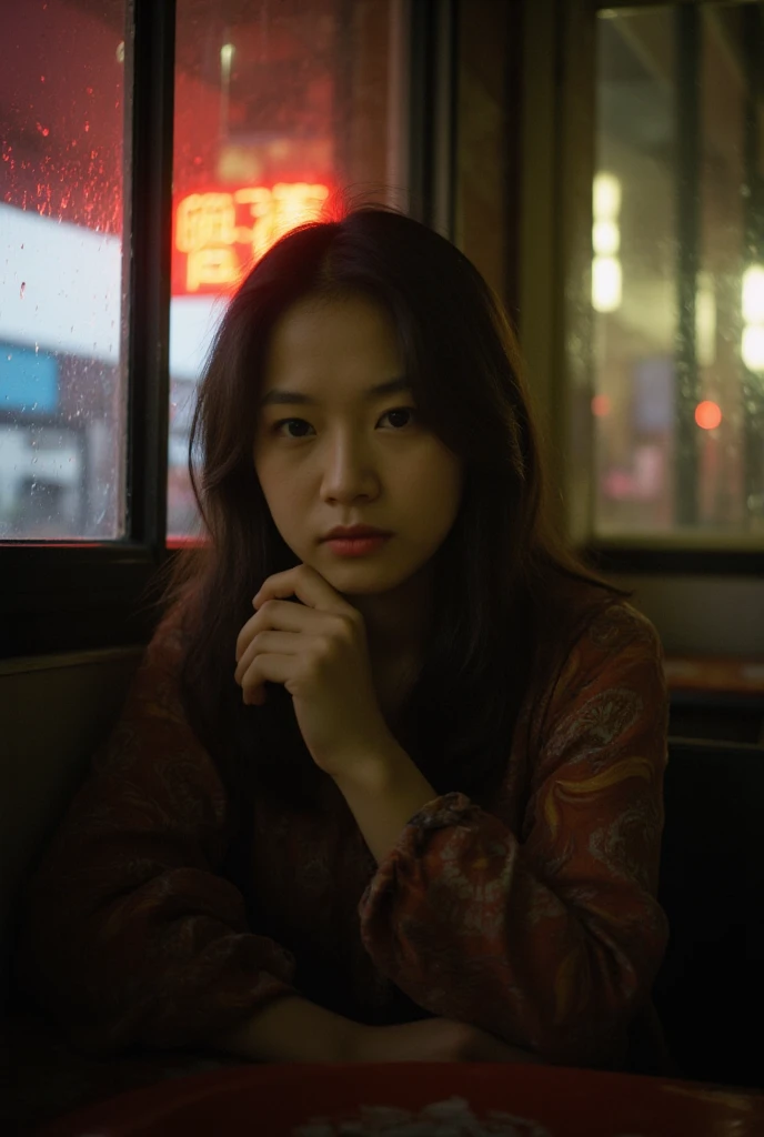 Professional Photography, Wong Kar-wai movie lighting style,  charming sad Oriental beauty， long messy straight hair ,   sitting in the corner of a restaurant ，There are raindrops on the windows,  80s Hong Kong  , Neon，Bokeh，close up， high resolution, Realism, RAW photo, 