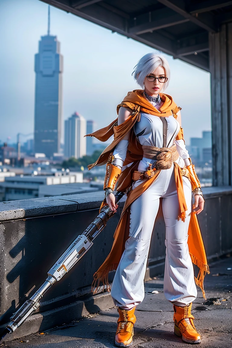 Futuristic character, full body, slim figure, short hair, white hair, standing in post-apocalypse in year 2050, shawl wrapped around waist, elbow wrapped in rope to lower left arm, life and orange in pattern, apocalyptic gun, accessory in hand and in collars, Futuristic glasses in the post-apocalypse, turned around body in side, Incendiary grenade, cowboy pants.