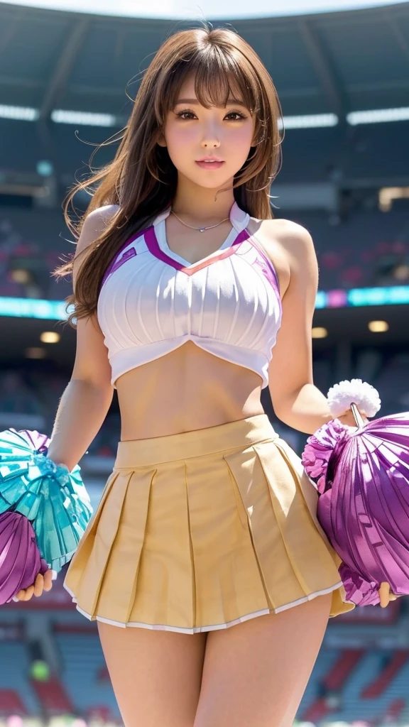 stadio、audience、((Cheerleader holding colorful pom-poms))、ASCII highest quality、ultra-highres、(photorealestic:1.4)、a 1 girl、KPOP Idol、Top Quality、(Blonde hair、ponie tail、shiny wavy hair、smile on face、The girls、1girls、(extremelydelicateandbeautiful)、Beautiful colorful、cheerleader、long haired、(al fresco)、(Light Smile:1.2)、 (Insanely cute and beautiful girl), Shadows in the movie, (Dynamic Angles), (Sharp contours),, kawaii, ((20 age old))), (Purple pleated skirt),, ((glossy eyes)), shinny hair, shinny hair,Big Chest、Strong sunshine、(Strong camel toe)、Twisting the skirt、Clothes that show the stomach、Woman with stockings、Cheerful cheer dancing、Show off your lace panties、(((underboob1.3)))、sit ch、